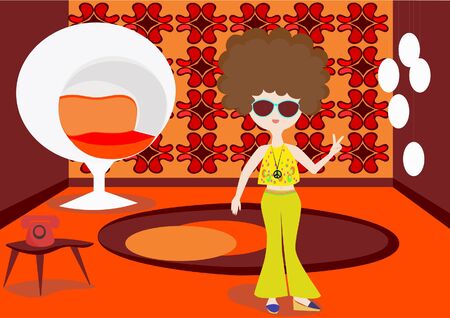 Hippie girl and retro decorationのイラスト素材