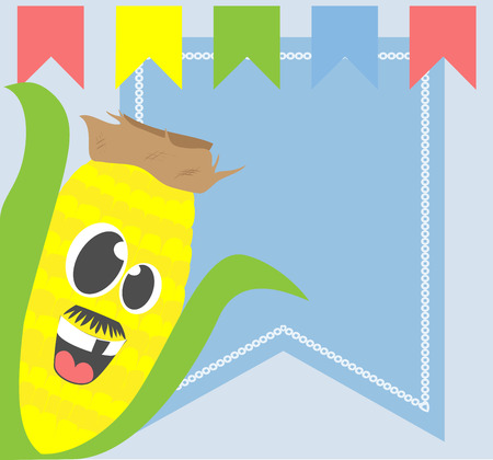 Silly face corn cartoon on background with bunting banners and copy space.のイラスト素材