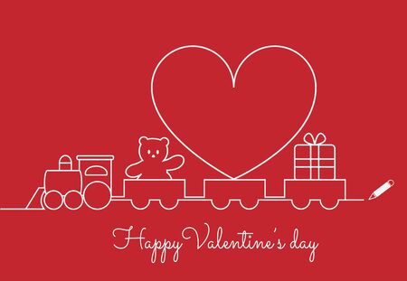Happy Valentines day linear art design vector. Cute train with big heart and gifts. Love background.のイラスト素材