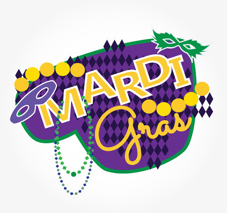 Mardi gras lettering design vector icon. Masks, beads  and text illustration.のイラスト素材