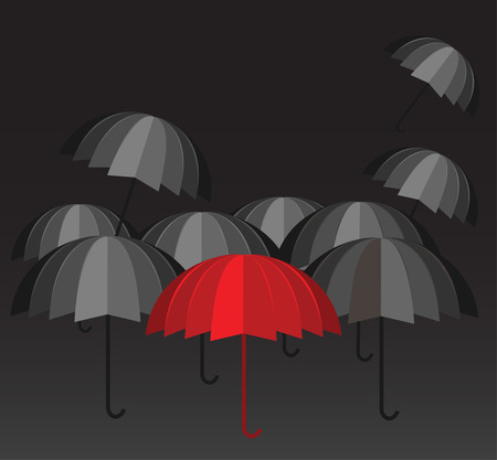 Red umbrella and a crowd of black ones vector. Leadership in dark times concept. Be different.のイラスト素材