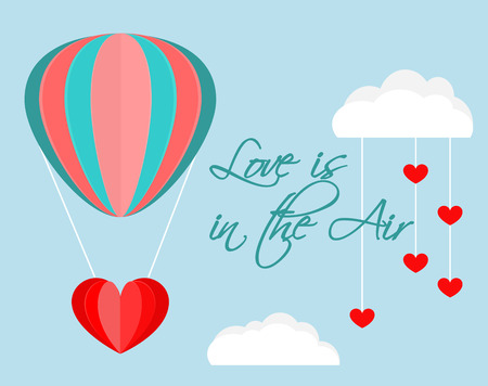 Paper cut out balloon and clouds vector. Love is in the air handwriting lettering. Romantic love background.のイラスト素材