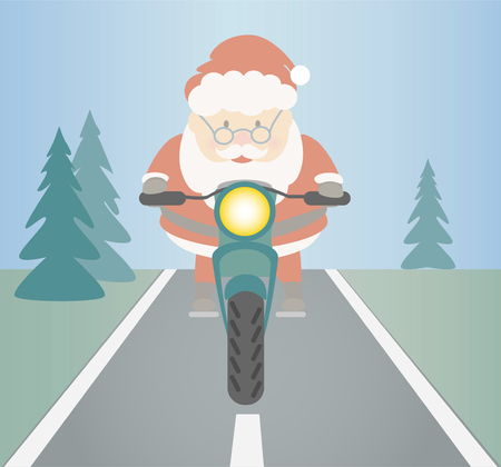 Santa Claus happy riding a motorcycle. Christmas flat vector.のイラスト素材