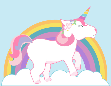 Cute unicorn and rainbow vector background. Happy colorful unicorn illustration.のイラスト素材