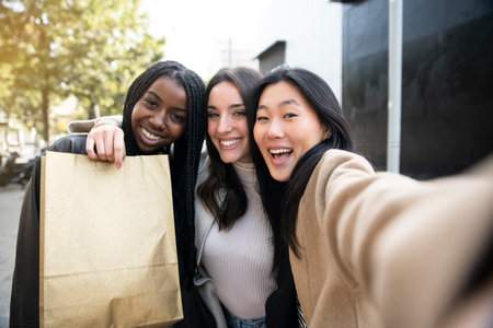 Three young smiling hipster women taking self portrait photo on smartphone - female showing positive face emotions - fashion conceptの写真素材