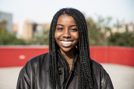 portrait of a happy young woman outdoor - Close up of a smiling afro american girl in the cityの写真素材