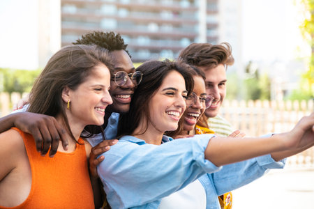 Multiracial group of friends making a selfie with phone in the city - friendship, happiness and...