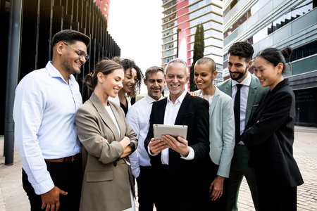 Group of successful multiracial corporate business team looking at tablet in the financial district. Smiling multiethnic professional employees company staff with older executive leader.の写真素材
