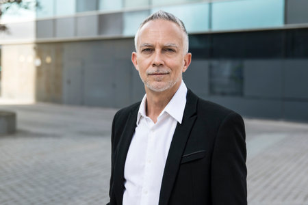 Portrait of a handsome senior businessman standing at outdoors. Mature corporate confident executive looking at camera. Financial conceptの写真素材