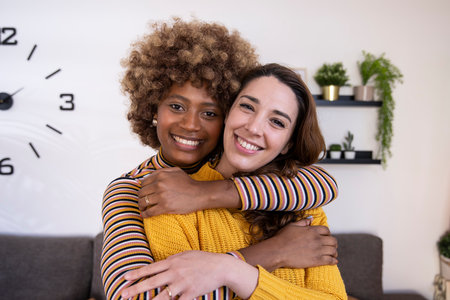 Cheerful lesbian couple having fun together and looking at camera. Portrait of a smiling young girls hugging each other while standing at home. LGTBI conceptの写真素材