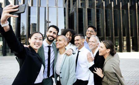 Multiracial group of cheerful and successful business people taking a selfie outside. Diverse office colleagues laughing taking a picture together smiling in the street.の写真素材
