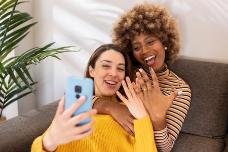 Happy multiracial lesbian couple celebrating together with engagement rings in sofa. Laughing gay females taking a selfie and showing her hands in a living room.の写真素材