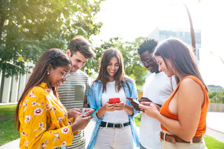 happy young friends looking mobile phone and smiling - five happy teenagers with a smartphone - Lifestyle conceptの写真素材
