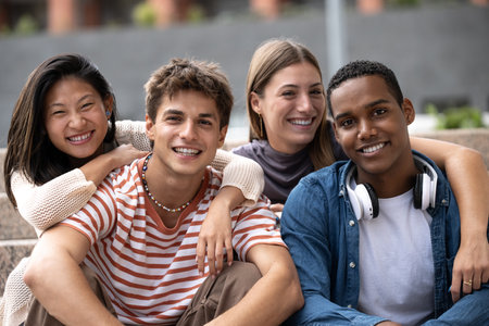 Beautiful young millennials smiling looking at camera.Group of friends sitting together happy and carefree in the street.の写真素材