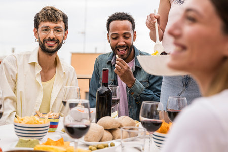 Happy group of friends eating and drinking in a terrace table. Young relaxed people having rooftop dinner party.の写真素材