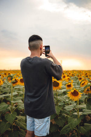 Young man taking a photo of sunflower field with his smartphone at sunsetの写真素材
