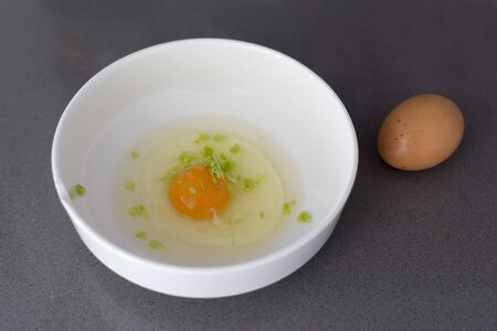 Raw egg seasoned with leek in a white bowlの写真素材