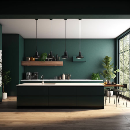 Green kitchen interior with a wooden floor, green walls, a wooden floor and a large window. 3d rendering mock upの素材
