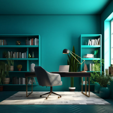 Interior of modern office with green walls, carpet, wooden floor, comfortable armchair and bookcase. 3d renderingの素材
