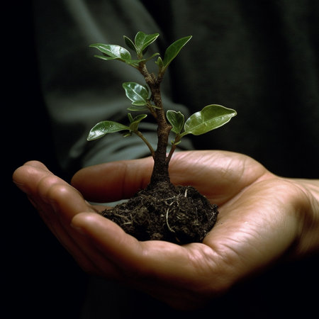 Young plant in the hands of a man close-up on a black backgroundの素材