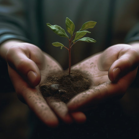 Hands holding a small green plant with soil. Ecology concept.の素材