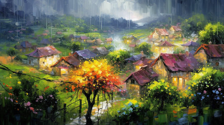 Abstract illustration of a village in Leonid Afremov's style, colorful, impressionistの素材