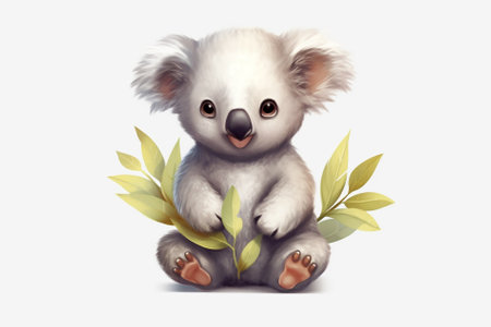Cute koala sitting with a branch of eucalyptusの素材