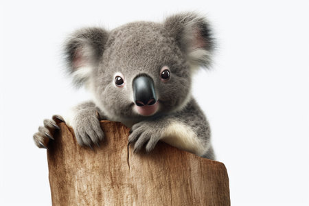 Cute koala sitting on a wooden log isolated on white backgroundの素材