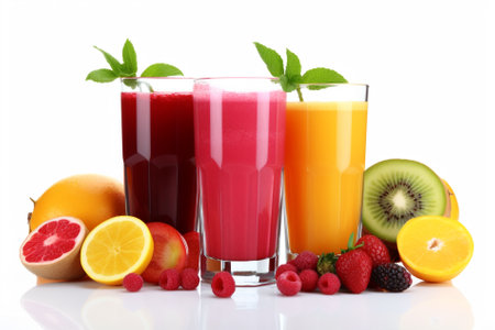 Glasses of fresh juice with fruits and berries, isolated on whiteの素材