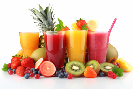 Fresh fruit juices in glasses and fresh fruits, isolated on white.の素材