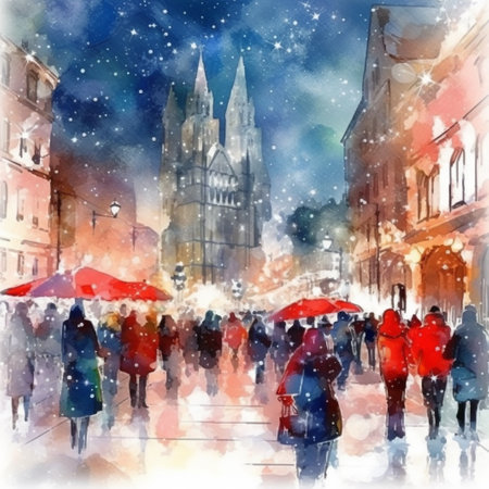 Digital watercolor painting of people walking in the Old Town of Prague, Czech Republicの素材