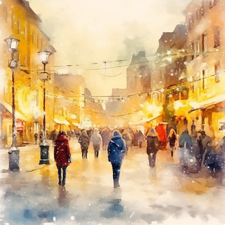 Digital watercolor painting of people walking on the street in Prague, Czech Republicの素材