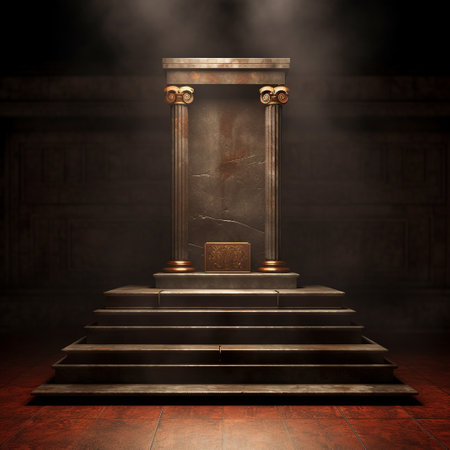 3D render of a stage with an ancient column in a dark roomの素材