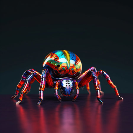 3D Illustration of a Colorful Spider on a Black Backgroundの素材