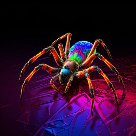 Colorful spider on a black background. 3d render illustration.の素材