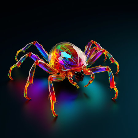 Colorful spider on a black background. 3D illustration of an animal.の素材