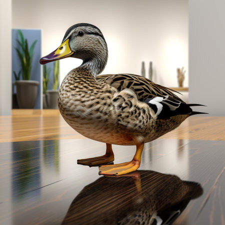 Duck on a wooden floor in the room. 3d renderの素材