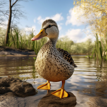 duck on the shore of a pond. 3d render.の素材