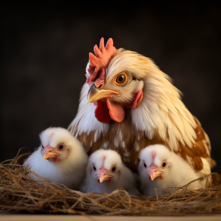 Chicken and chicks in the nest on a dark background. Easter concept.の素材