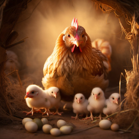 chickens and hen in a nest with eggs on a dark backgroundの素材