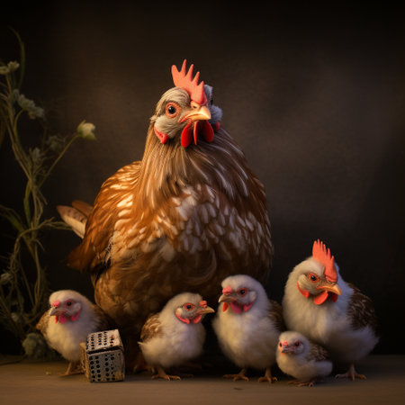 chickens with a rooster and chickens on a dark backgroundの素材