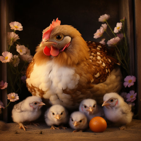 chickens with eggs on a dark background, easter compositionの素材