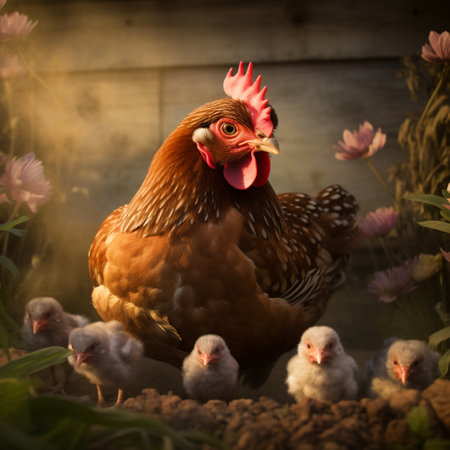 chicken and chickens in the garden, vintage style, soft focusの素材