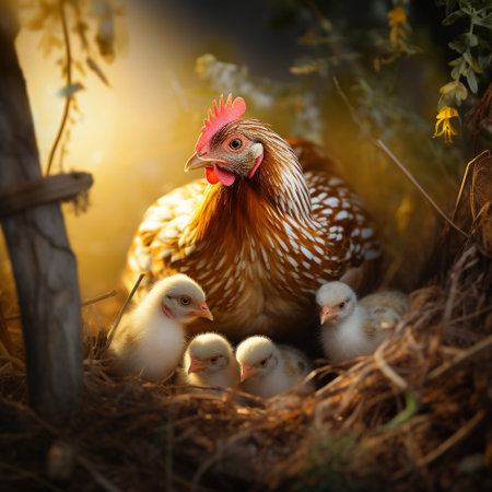 chicken with newborn chickens in the nest at sunset, soft focusの素材