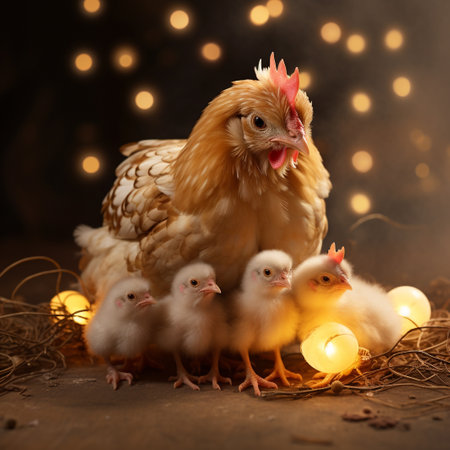 chicken and newborn chickens on wooden background with bokeh lightsの素材