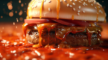 Close-up of tasty cheeseburger with tomato sauce on dark backgroundの素材