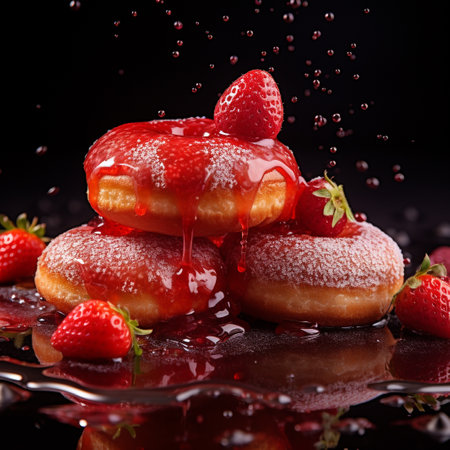 strawberry donuts with syrup on a dark background with dropsの素材