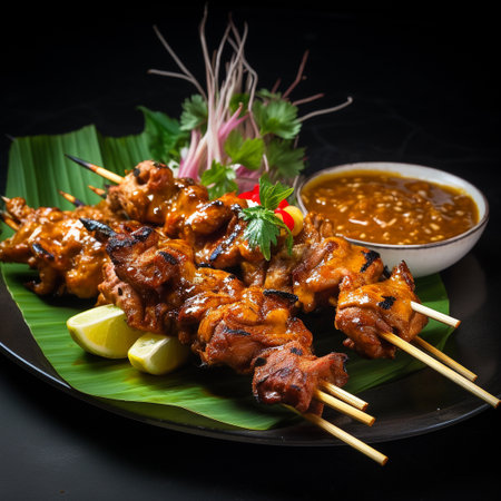 grilled pork satay with sweet and sour sauce on black backgroundの素材