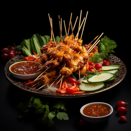 Grilled chicken satay with sauce and vegetables on a black backgroundの素材