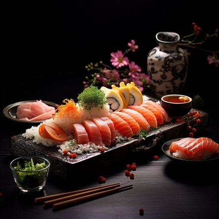 Japanese food Sushi Set on black wooden background with copy space.の素材